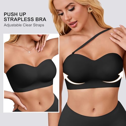 DEANGELMON Strapless Bras for Women Bandeau Bra - Push Up Wireless Padded Tube Top Bra with Clear Straps - Plus Size Bralette4
