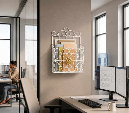 Image of Wall Mounted Hanging File & Magazine Holder - Metal Organizer for Newspapers, Documents & Office Storage | Decorative Rack for Home & Workspace 39x26x10 cm.