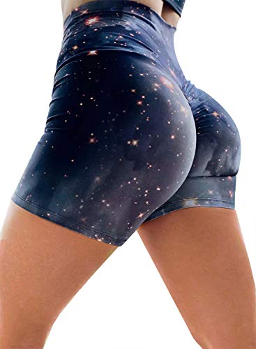 Astylish Women's High Waisted Tummy Control Athletic Yoga Shorts Ruched Butt Lifting Workout Running Short, Galaxy, Small