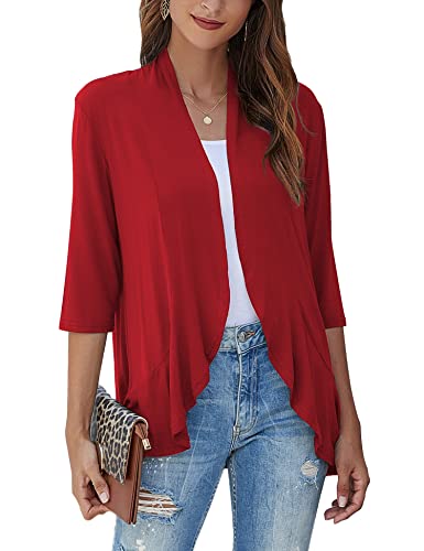 Image of Bluetime Women Casual Lightweight Open Front Cardigans Soft Draped Ruffles 3 /4 Sleeve Cardigan (S-3XL)
