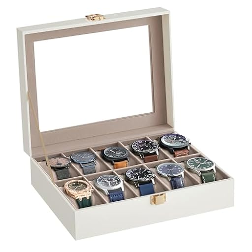 SONGMICS Caja de Relojes con 10 Compartimentos, Estuche de Relojes con Tapa de Cristal, Cojín Extraíble, Cierre Metálico, Regalo, Cuero Sintético Blanco Nube y Forro Beige Capuchino JWB010W01 | Ya disponible en tu tienda friki favorita! En mundofriki.es!