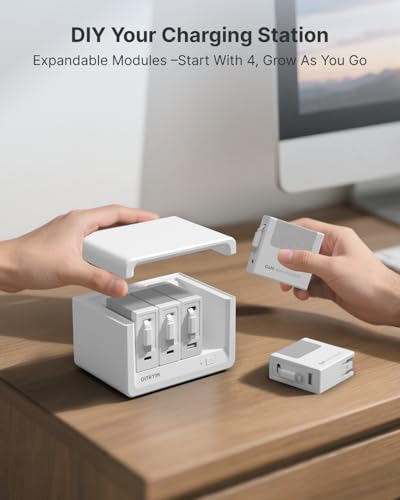 Image of Gitryin 12-in-1 Desktop Charging Station with 3 Retractable Type-C Charger Blocks, 1 Micro and 1 Lightning Charger, 4 USB C Ports, 160W Fast Charging Hub with 33.5in Cable for Multiple Devices, White