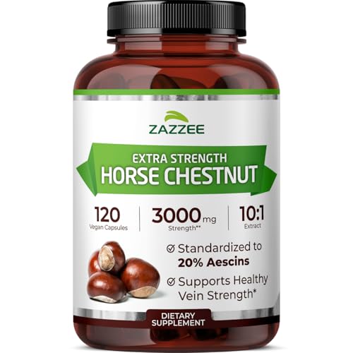 Zazzee Extra Strength Horse Chestnut 10:1 Extract 20% Aescins 120 Vegan Capsules 4 Month Supply Aesculus Hippocastanum Healthy Circulation & Blood Flow Support Non-GMO Made in the USA