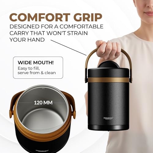 2L Thermal Food Flask, Premium 316 Stainless Steel Insulated Lunch Container, Leak-Proof Vacuum Jar for Hot & Cold Meals, Includes Internal Bowl & Bamboo Cutlery Set - Matte Black