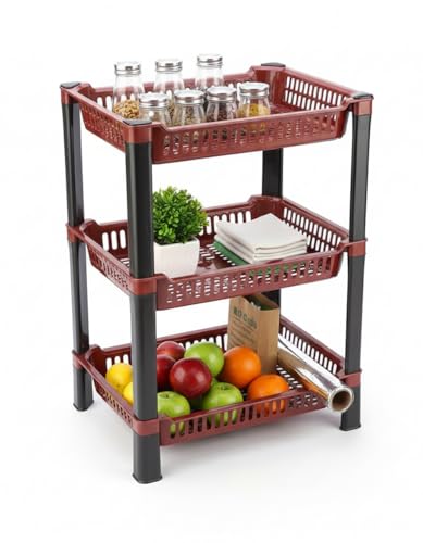 Image of U-Max Multi Tire Kitchen Storage Rack, Plastic Utility Shelf Organiser, Space Saving Storage Solution, Revolving Vegetable Rack (Maroon, 3)