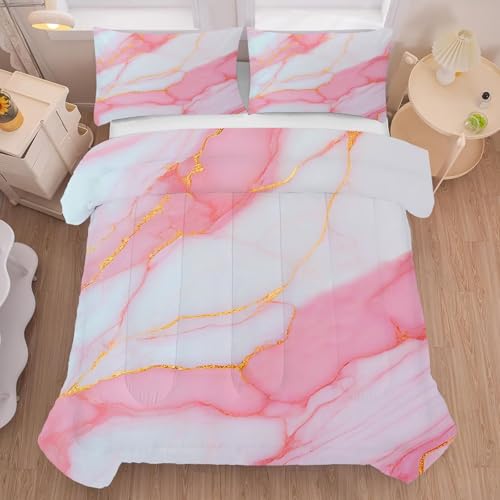 Mable Bedding Set Queen Size Pink and Gold Comforter for Women Kids Girls Teen Princess Bedroom Decor Quilt Bed Sets, 1 Comforter 2 Pillowcases Marble
