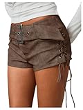 MakeMeChic Women's PU Leather Micro Shorts Lace Up Ruched Low Waist Belted Y2K Rave Club Mini Shorts Coffee Brown X-Small