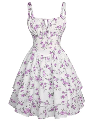 SCARLET DARKNESS Damen Freizeit Minikleid Lace Up mit Tasche Spaghetti Trägerkleid Weiß-Lila Blumen M