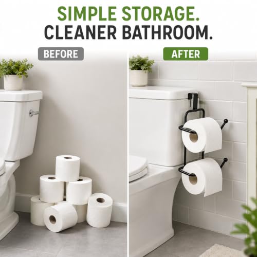 Image of Basicwise Over-the-Side Tank Double Toilet Paper Holder Compact Modern Bathroom Organizer Practical Storage Rack for Extra Rolls Offering Quick & Easy Access for Everyday Use Neat Space Accent, Black