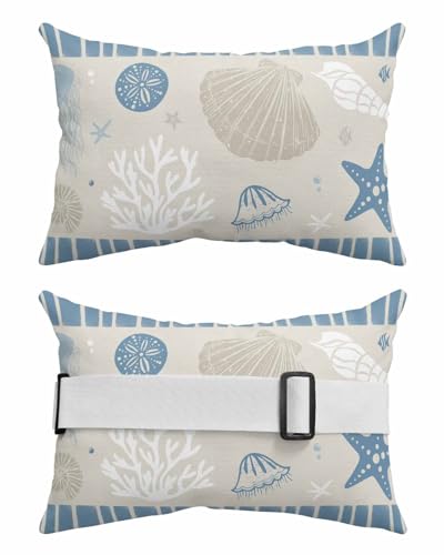 Blue Coastal Outdoor Beach Pool Lounge Chair Head Throw Pillow Covers 12x20 With Insert And Elastic Stripe Set of 2,Lumbar Cushion Pillow Cases,Nautical Starfish Coral Shells Conch Jellyfish Stripes