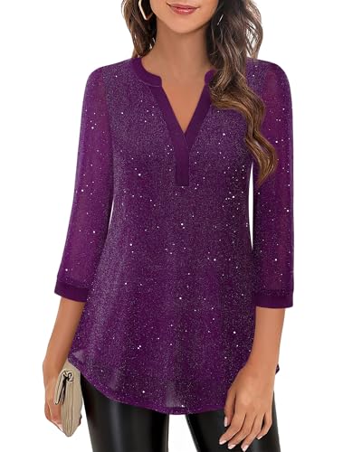 Image of Timeson Women's Short Sleeve V Neck Blouses Shirts Floral Double Layers Mesh Tunics Tops