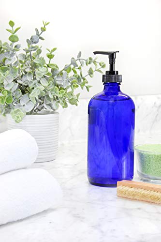16-Ounce Cobalt Blue Glass Bottles w/ Lotion Pump Dispensers (2-Pack); Refillable Liquid Soap, Hand Care, Pump Bottles + Chalk Labels & Lids, BPA-Free Plastic Tops