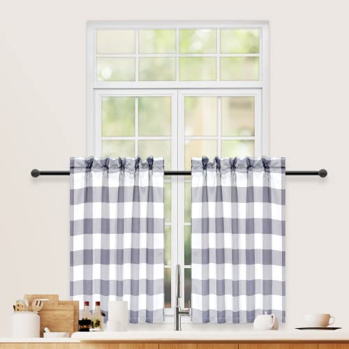 Simple Deluxe Rideaux Courts à Carreaux pour Cuisine, Petite fenêtre Vichy pour café, Salle de Bain, Cuisine, 66 x 61 cm (l x L), Blanc et Gris