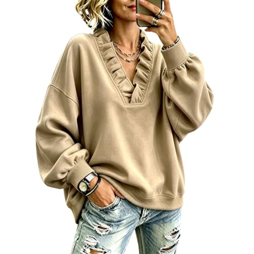 Oversized Sweatshirts for Women Vneck Ruffle Vintage Fall Sweatshirts - image 1
