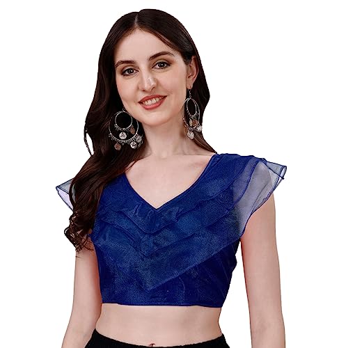 Image of Pujia Mills Women's V Neck Orgenza Three Layer Ruffle Sleeve Frill Readymade Saree Blouse