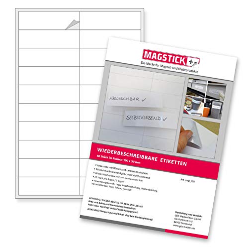 60 étiquettes réinscriptibles I 10 x 3 cm I blanc I film d'étiquetage autocollant I bandes pour l'étiquetage I mag_205