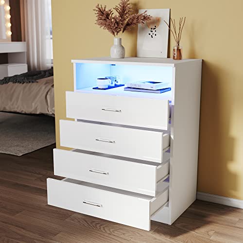 SUNXURY Weiß Kommode 60cm Mit einstellbarem LED-Farbstreifen, 4 Schubladen mit Metallgriffen, 1 offener Schubladen, Hochglanz Möbel Schränke, für Schlafzimmer und im Flur 60 x 83 x 40cm
