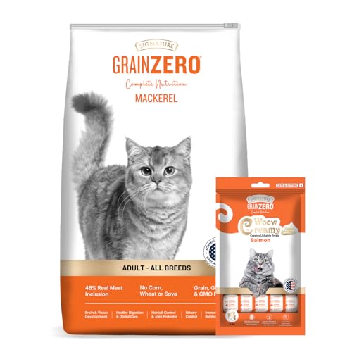 Grain Zero Mackerel, Dry Cat Food, 1.2 Kg + 75gm Creamy Treat, No Grain Formula,Gluten-Free, GMO-Free, 48% Fresh Fish Inclusion, Taurine for Heart, Promotes Healthy Skin & Coat, Adult All Breeds