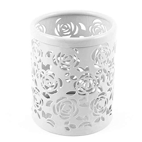 Yeeda Hollow Rose Flower Pattern Pen Holder,Cylinder Cosmetic Make Up Brushes Metal Pencil Pot Organizer Stationery Container (White) #TOP2