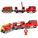 Vmxlso Eisenbahn Kinder Elektrisch FeuerwehrLöschzug, Magnetanschluss Holzeisenbahn Elektrische Lok, Elektrische Eisenbahn Kinder mit Licht und Sound, Kompatibel mit Thomas, Brio, Chuggington