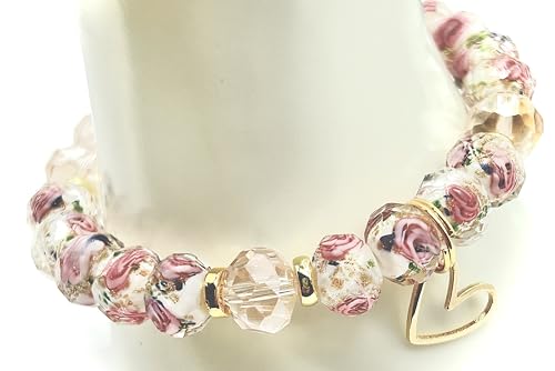 Handcrafted Women's White Glass Floral Bracelet, Lampwork Gold Sand Faceted Beaded Stretch Bracelet, Pink Rose Pattern with 18k Gold-Plated Accents and Open Heart Charm Fits most Wrists2
