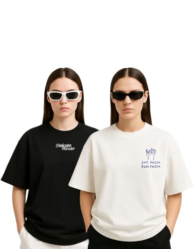 Image of Women's Oversized Cotton Blend Graphic T-Shirt Combo (Pack of 2) | Baggy Fit, Drop Shoulder, Half Sleeves | Sizes S to 2XL