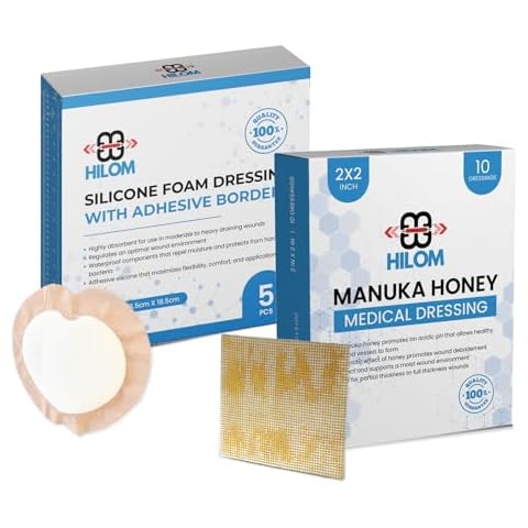 Hilom Medical Grade Manuka Honey Gauze Dressing (10 Pack - Non-Adherent) 2 in x 2 in with Silicone Foam Dressing with Adhesive Border (5 Pack - Waterproof Dressing) 7 in x 7 in | First Aid for Minor Cover