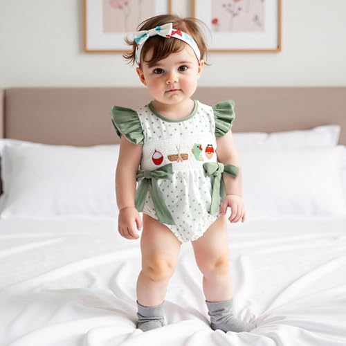 Newborn Baby Girl Fishing Outfit Dot Print Flying Sleeve Fish Embroidery Bubble Smocked Romper Infant Summer Clothes3