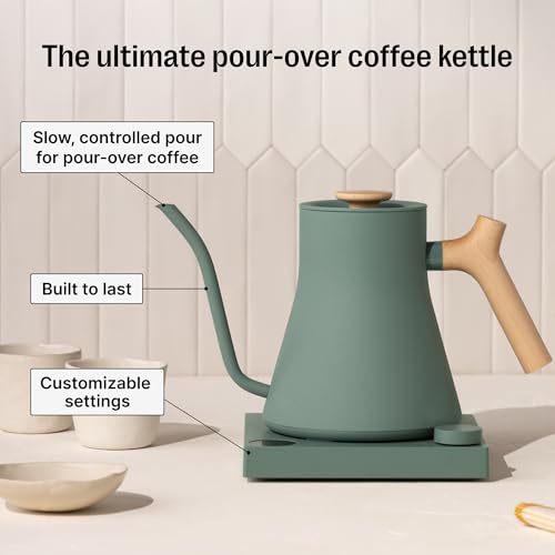 Image of Fellow Stagg EKG Pro Electric Gooseneck Kettle - Pour-Over Coffee and Tea, Quick Heating, Precise Temperature Control, Scheduling, Built-in Brew Timer, Smoke Green with Maple Wood Handle, 0.9 Liter