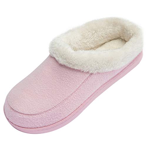 Ranberone Women's Cozy Memory Foam Slippers Suede Plush Fleece Lined Slip on Indoor Outdoor Clog House Shoes Size 8-9 Pink
