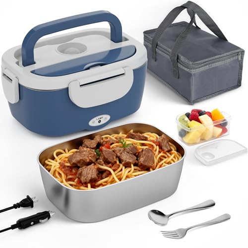 Akhia Electric Lunch Box for Adults, 80W Rapid Heated Lunch Box for Car/Truck/Office/Travel with 1.5L Stainless Steel Container Fork & Spoon & Insulated Bag, 12V/24V/110V