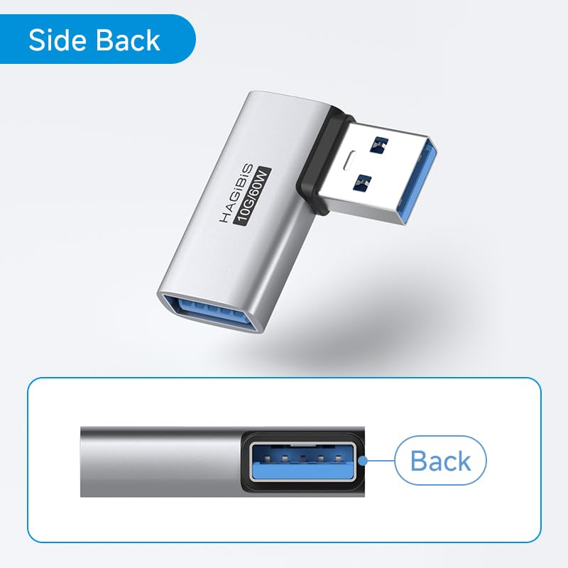 Image of Hagibis USB 3.2 Adapter 2 Pack, 90 Degree Right and Left Angle USB A Male to Female Connector OTG Adapter Cable Extender for Laptops Charger PC Car Mouse Keyboard (Side Back)
