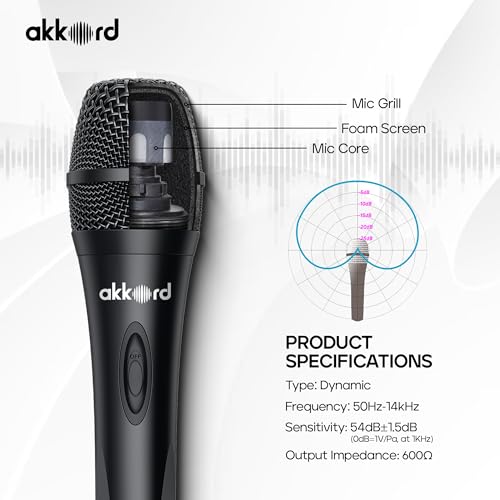 Image of Akkord Wired Handheld Microphone for Singing, Dynamic Vocal Mic with On /Off Switch, 1 /4 inch Jack Cable Included - Ideal for Karaoke, PA Systems, Speakers, Stage & Public Speaking