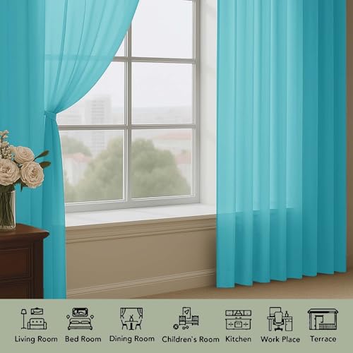 Image of OWENIE Extra Long Turquoise Sheer Curtains 96 Inches Long 2 Panels Set, Soft Lightweight Airy Voile Sheer Curtain for Bedroom Living Room, Rod Pocket Solid Color Farmhouse Curtains, 59 inch Wx96 L Inch