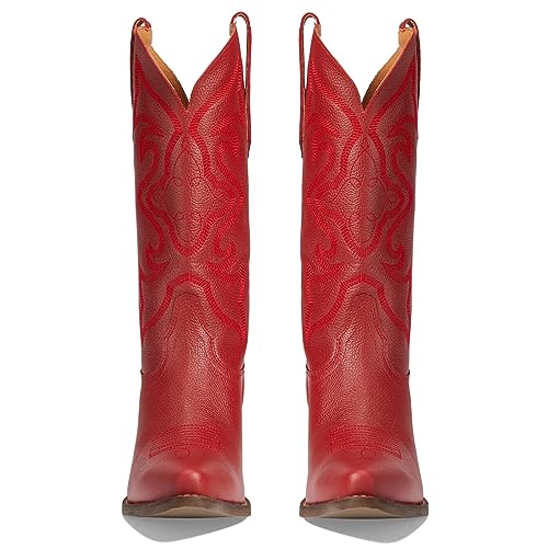 Image of LEHOOR Cowboy Boots Women Embroidered Mid Calf Western Boots Stacked Low Heel Pointed Toe Pull On Cowgirl Boot 4-11 M US