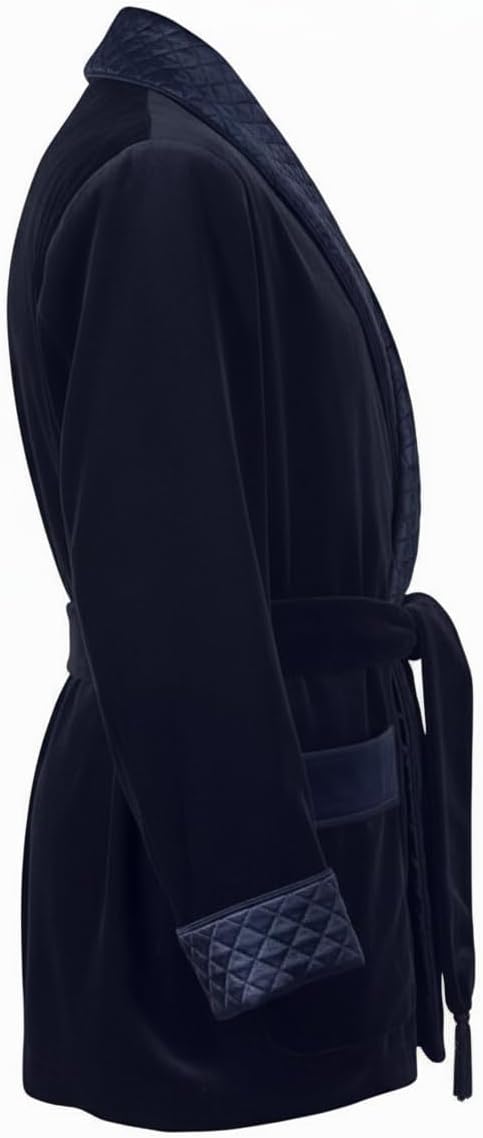Men’s Velvet Smoking Jacket Robe with Quilted Shawl Collar, Classic Lounge Dinner Jacket with Belt – Luxury - Image 4