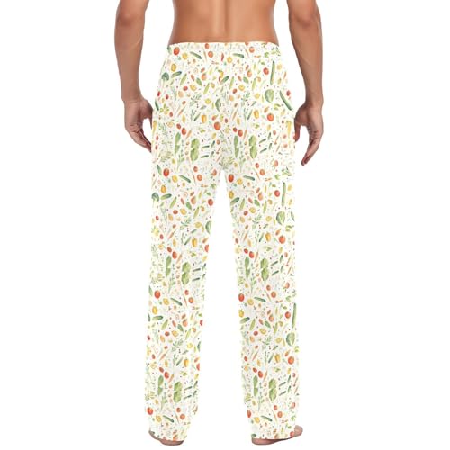 Men's Watercolor Vegetables Pajama Pants with Pockets - Straight Fit Cotton Sleep Bottoms for Lounge & Nightwear#3373