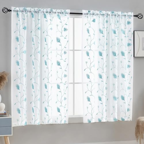Image of Sheer Curtains Blue 45 Inch Embroidered Floral, Rod Pocket Voile Drapes for Living room, Bedroom, Window Treatments Semi Crinkle Curtain Panels for Yard, Patio, Villa, Parlor, Set of 2, 52 inchx 45 inch.