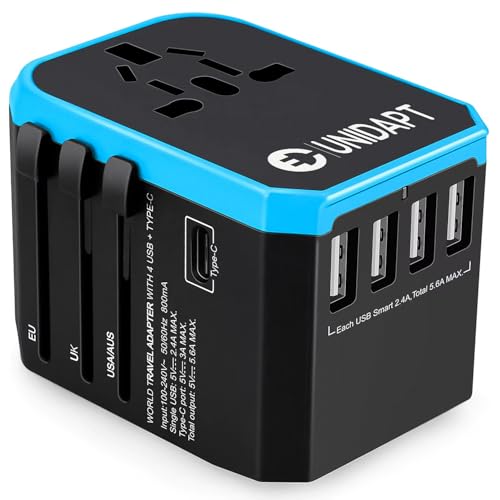 Unidapt Universal Travel Adapter, European Travel Plug Adapter – International Power Adapter Worldwide Charger with USB-C & 4 USB Ports, Travel Essentials for Italy, Japan, Europe, UK (UA-101, Blue)
