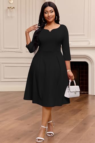 Image of Nmoder Fit-and-Flare Midi Dress V-Notch Neck Casual Dress Side Pockets | V-notch neckline;A-line swing silhouette; Soft breathable fabric; Perfect for church wedding guest work daily wear