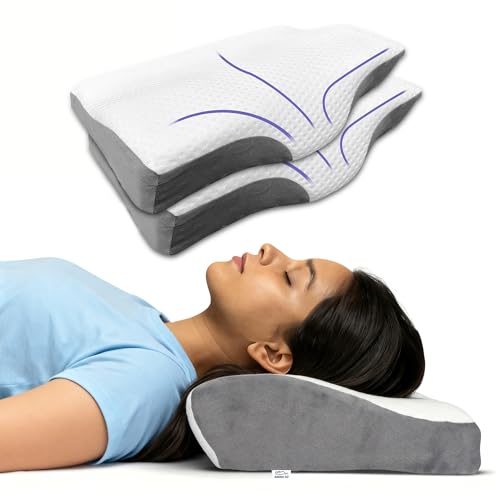 Image of GADDA CO Cervical Pillow for Neck Pain - Orthopedic Memory Foam Pillow for Spondylitis, Neck & Shoulder Pain Relief, Butterfly Design, 18.5x10.5x3.5 in, White & Grey, 2-Year Warranty- Pack of 2