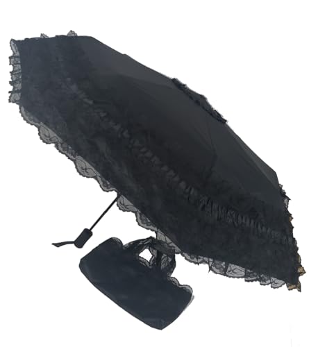 WENDIN Vintage Foldable Lace Parasol Gothic Umbrella rain Anti-uv Protection parasol sunblock umbrella dome Photo Props girls women lace umbrellas (Auto-Black)