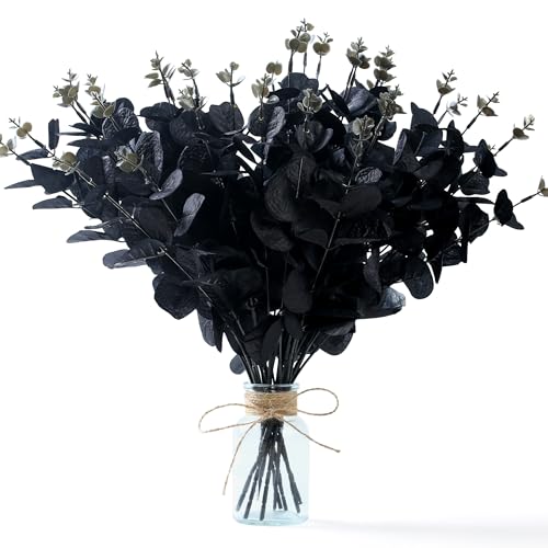 SITUMEIZI 10 tallos de eucalipto negro sintético para decoración de Halloween, flores artificiales negras de 13.4 pulgadas, ramo de boda, granja, fiesta, decoración del hogar