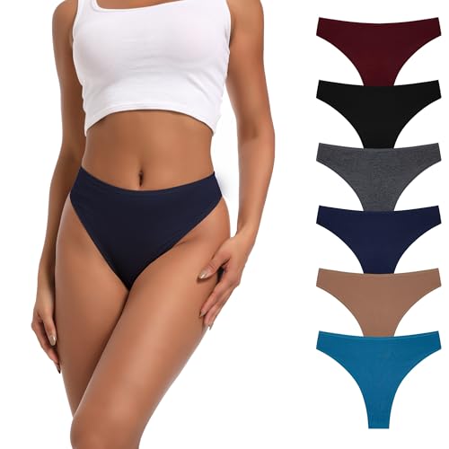 Image of High Waist Thong Women Ribbed Cotton Panties S-4XL Pack 6 | Auithery High Waist Thong Underwear Women Ribbed Cotton Tummy Control Thongs Panties Size S-4XL Pack 6