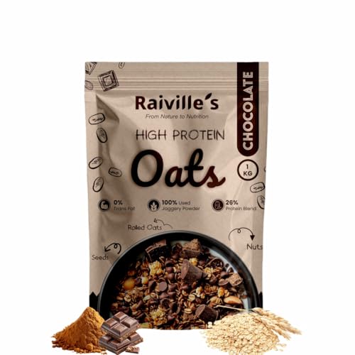 Image of Raiville's High Protein Chocolate Oats 1 Kg | 25g Protein Per Serving | Oats with Whey, Soy Protein, Dry Fruits, Nuts & Seeds | Healthy Breakfast Cereal for Gym, Fitness & Daily Nutrition
