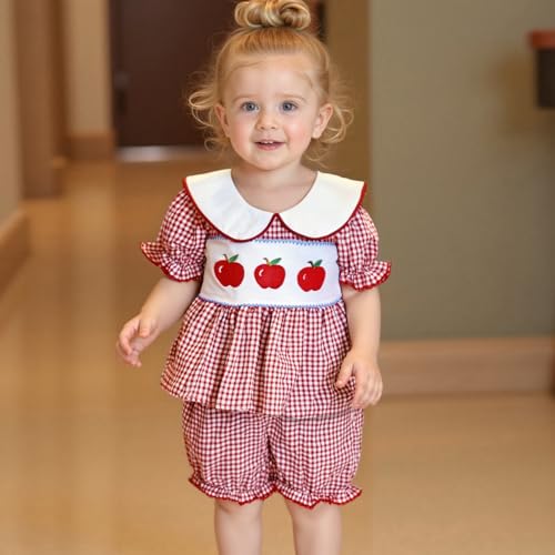 Toddler Baby Girl Back to School Outfits Short Sleeve Apple Smocked Tops Plaid Shorts First Day of School Clothes2