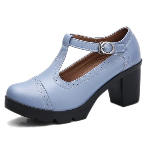 Women's T-Strap Wingtip Platform Chunky Heel Mary Janes with Adjustable Buckle Retro Round Toe Comfort Leather Anti-Slip High Block Heel Brogue Oxfords for Wedding Work Dress