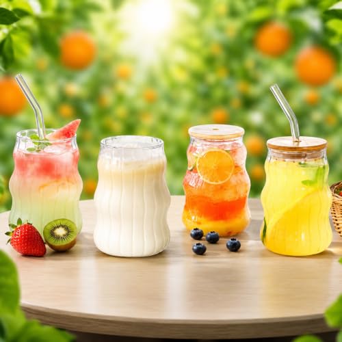 Image of Creative Glass Cups with Lids and Straw - 500ml,Set of 1, Wave Shape Cute Drinking Tumblers Ribbed Cups Vintage Ripple Glassware for Cocktail Juice Iced Coffee Tea Soda Milk