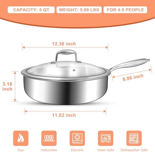 EWFEN 12 Inch Tri-Ply Stainless Steel Frying Pan, Compatible with All Cooktops Up to 600℉, Large Frying Pan with lids, Induction-Ready Skillet, Dishwasher and Oven Safe, Even Heat, 12" Pan+Handle+Lid