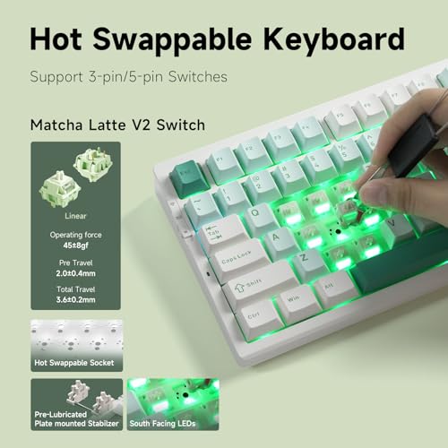 Image of MCHOSE G75 PRO Wireless Mechanical Keyboard Tri-Mode Connection Gaming Keyboard Hot Swappable Custom Gasket Structure Pre-lubed Linear Switches Double Shot PBT Keycaps RGB Backlit White&Green